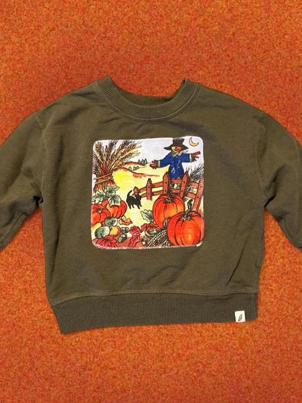 Kids Upcycled Olive Green Pumpkin Patch Sweatshirt